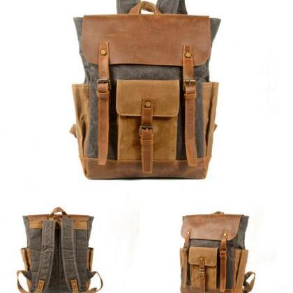 Vintage Waterproof Leather Canvas Backpack