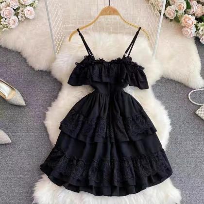 Elegant Black Ruffled Tiered Dress With Lace..
