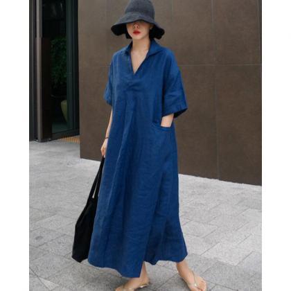 Casual Linen Cozy Long Blue Dresses