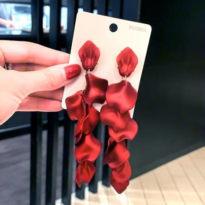 Red Rose Petals Tassels Earrings For Women