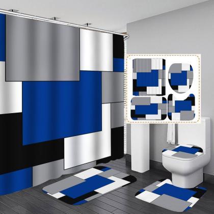 Navy Blue 3d Lattice Shower Curtain Set Bathroom..