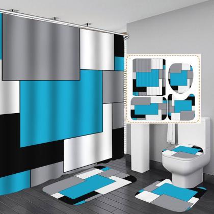 Blue 3d Lattice Shower Curtain Set Bathroom Rug..