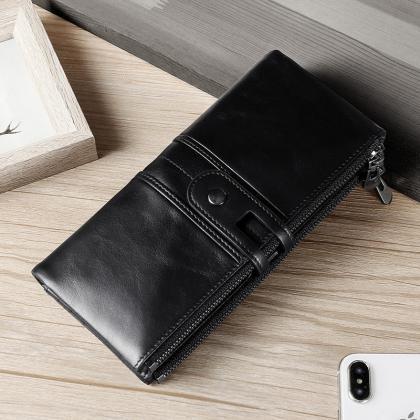 Cowhide Double Zipper Leather Wallets For Women