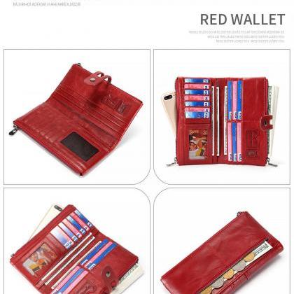 Cowhide Double Zipper Red Leather Wallets For..