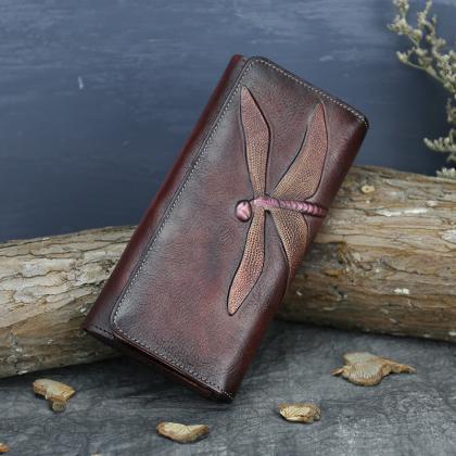 Handmade Dragonfly Engraved Leather Women Purses