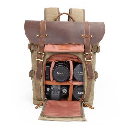 Vintage Army Green Waxed Canvas Leather Slr Camera..