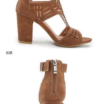Summer Pu Leather Brown Chunky Heels Sandals For..