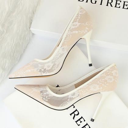 Sexy Tulle Lace Pointed Toe Summer Stiletto Heels
