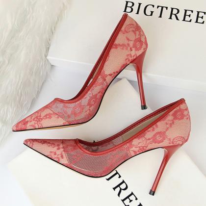Sexy Red Tulle Lace Pointed Toe Summer Stiletto..