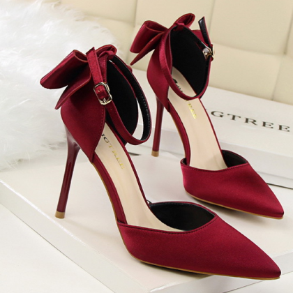 Sweet Bow Knot Pointed Tote Wine Red Stiletto..