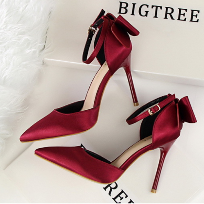 Sweet Bow Knot Pointed Tote Wine Red Stiletto..