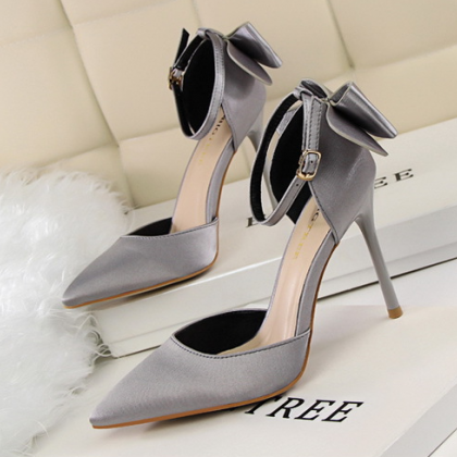 Sweet Bow Knot Pointed Tote Gray Stiletto Heels..