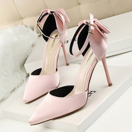 Sweet Bow Knot Pointed Tote Pink Stiletto Heels..