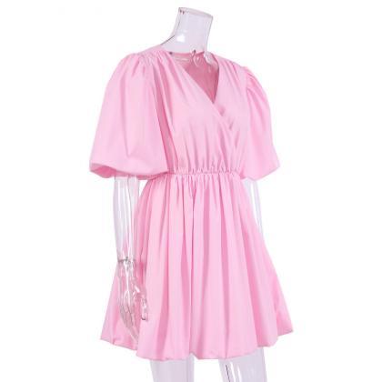 Fashion Summer Puff Sleeves Pink Mini Dresses
