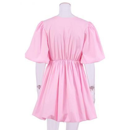 Fashion Summer Puff Sleeves Pink Mini Dresses