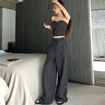 Fashion Gray Strapless Tops And Wide Legs Pants