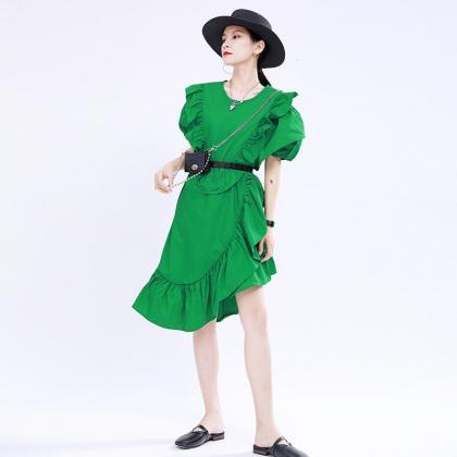 Designed 3d Ruffled Summer Women Green Short..