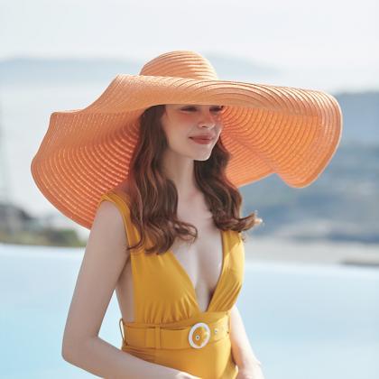Summer Large Brimmed Sun Proof Orange Straw Hat..