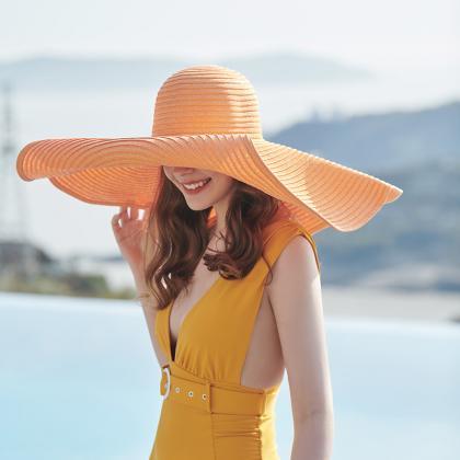 Summer Large Brimmed Sun Proof Orange Straw Hat..