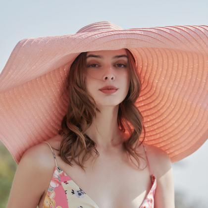 Summer Large Brimmed Sun Proof Pink Straw Hat..