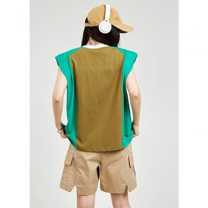 Green Designed Cotton Sleeveless Shoulder Padded T..