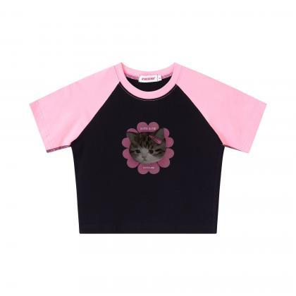 Summer Cotton Cat Design Midriff Baring T Shirts