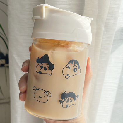 Cartoon Crayon Shinchan Cup With Lid Glass Cute..