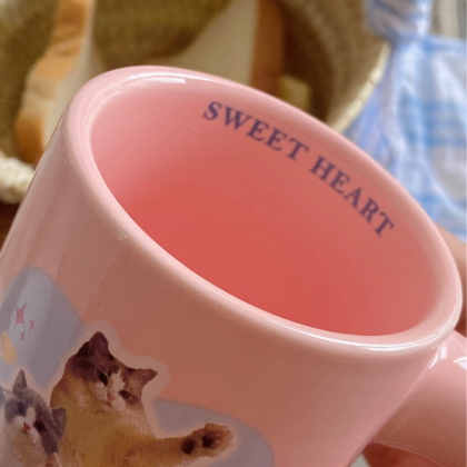 Pink Cute Kitten Mug For Girls To Drink Breakfast..
