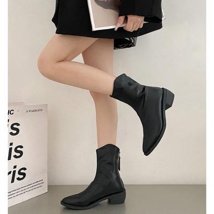 British Casual Black French Retro Thick Heel Boots..