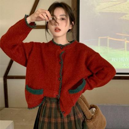 Vintage Knitted Cardigan Women Sweet Patchwork..