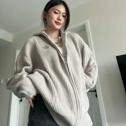 Vintage Gray Sweater Women Korean Style Zipper..