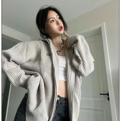 Vintage Gray Sweater Women Korean Style Zipper..