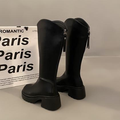 Retro American Black Thick Sole Long Boots For..