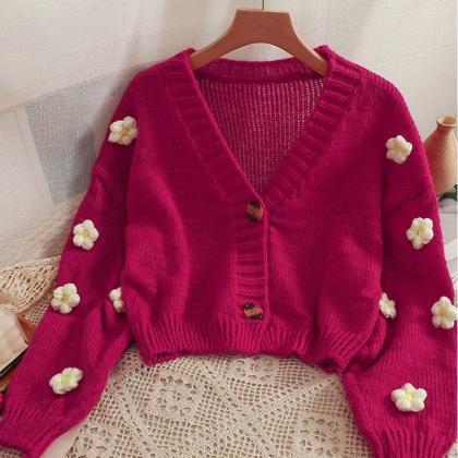 Chic Flowers Sweater Cardigans For Woman V Neck..