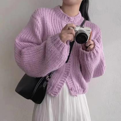Solid Knitted Cardigan Women Sweet Cropped..