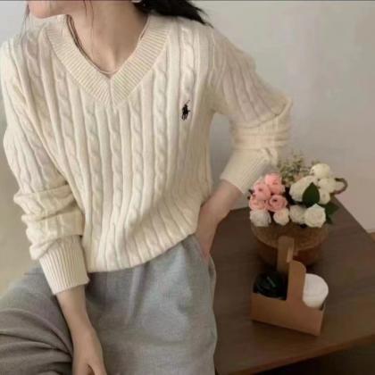 High-quality V-neck Sweaters Women Twist Pullover..