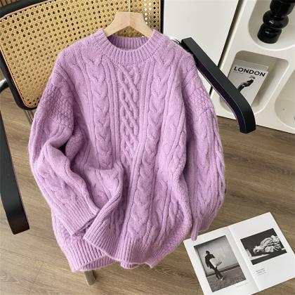 Purple Sweater Jumpers Women Solid Color Loose Top..