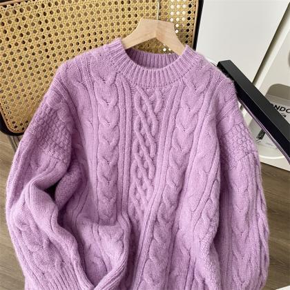 Purple Sweater Jumpers Women Solid Color Loose Top..
