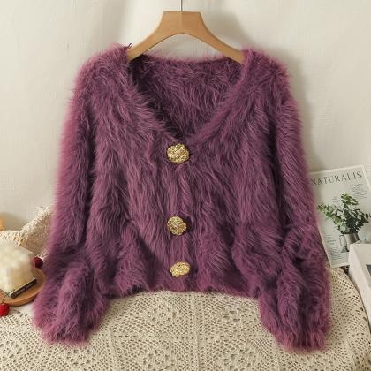 Women Purple Elegant Cardigan Sweater V-neck Chic..