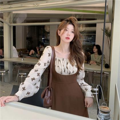 Vintage Brown Midi One Piece Dress Women Korean..