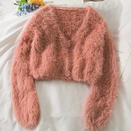 Knitted Cropped Cardigan Woman Fluffy Korean..