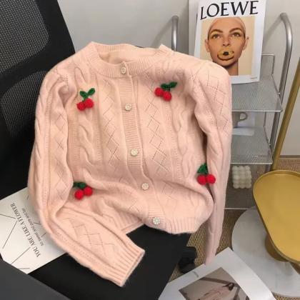 Autumn Sweet Cherry Knit Cardigans Women Button Up..