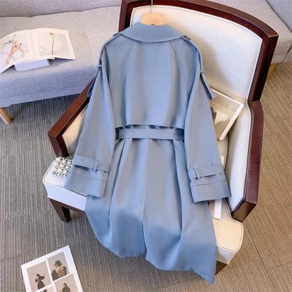 Spring Women Mid-length Blue Trench Coat With Belt..