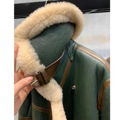 Fashion Green Short Jacket Winter Warm Suede Lined..