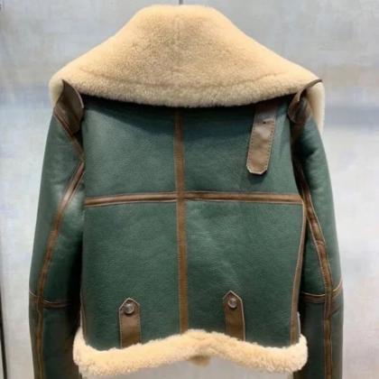 Fashion Green Short Jacket Winter Warm Suede Lined..