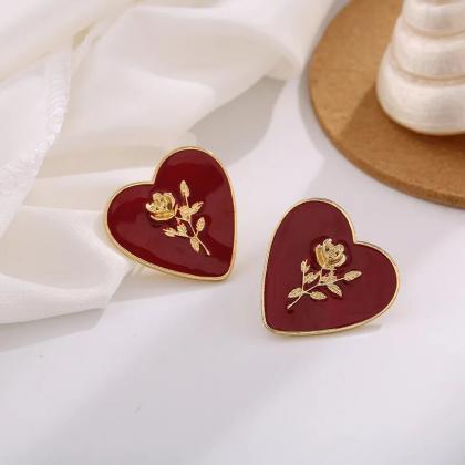Korean Red Enemal Heart Stud Earrings Female..