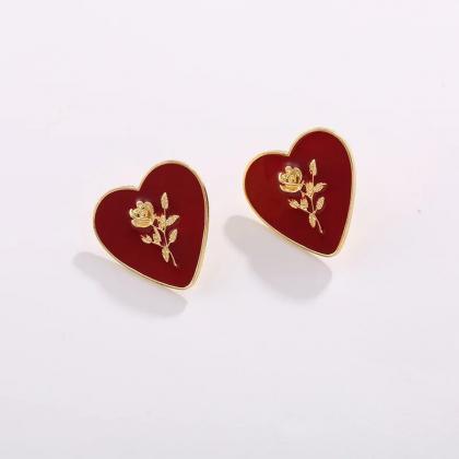 Korean Red Enemal Heart Stud Earrings Female..