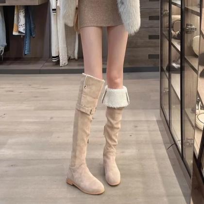Women Fur Mid Heels Shoes Chunky Warm Chelsea..
