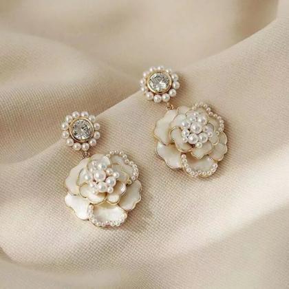 Exquisite White Flower Drop Earrings For Women 925..