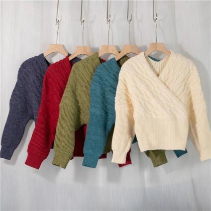 Spring Women Knitted Sweaters V-neck Cross Loose..